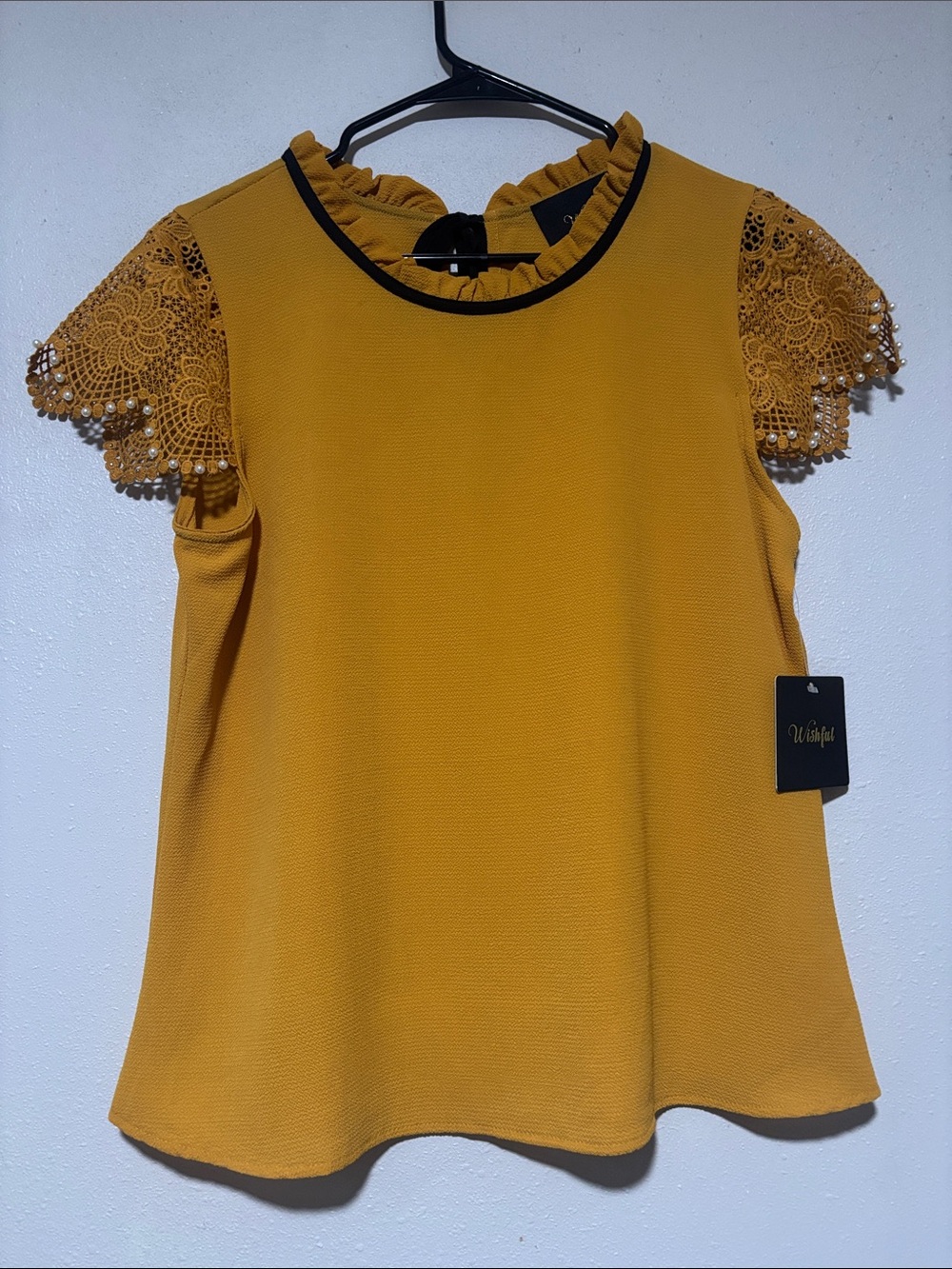Ruffled Neck Mustard Lace Sleeve Blouse